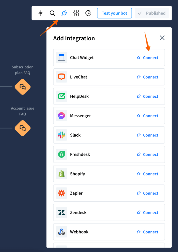 Go to your chatbot flow and click on the integrations icon